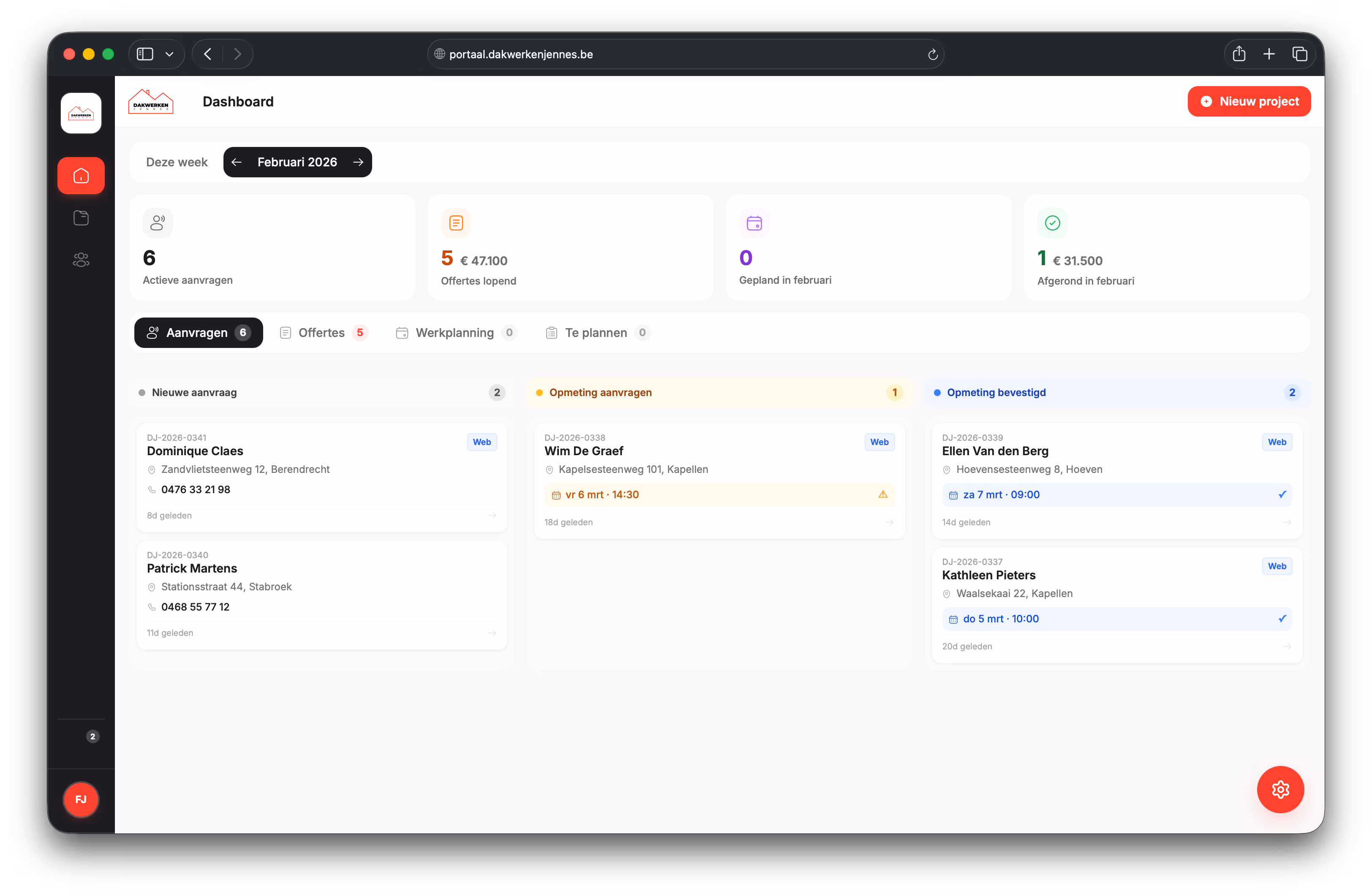 Dashboard van het Dakwerken Jennes portaal