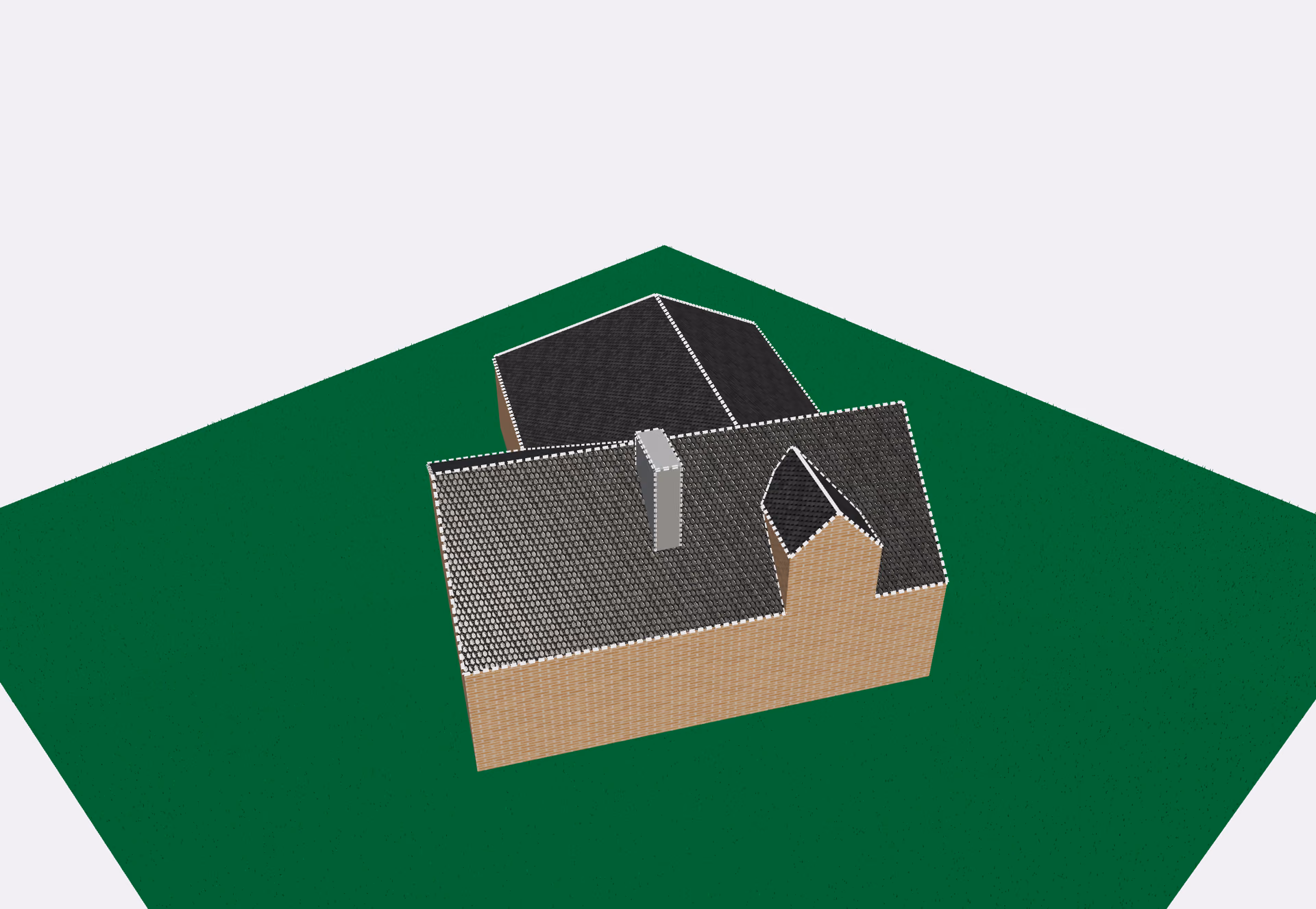 Een dak in 3D opgebouwd uit LiDAR-data, met de dakvlakken en de nok zichtbaar