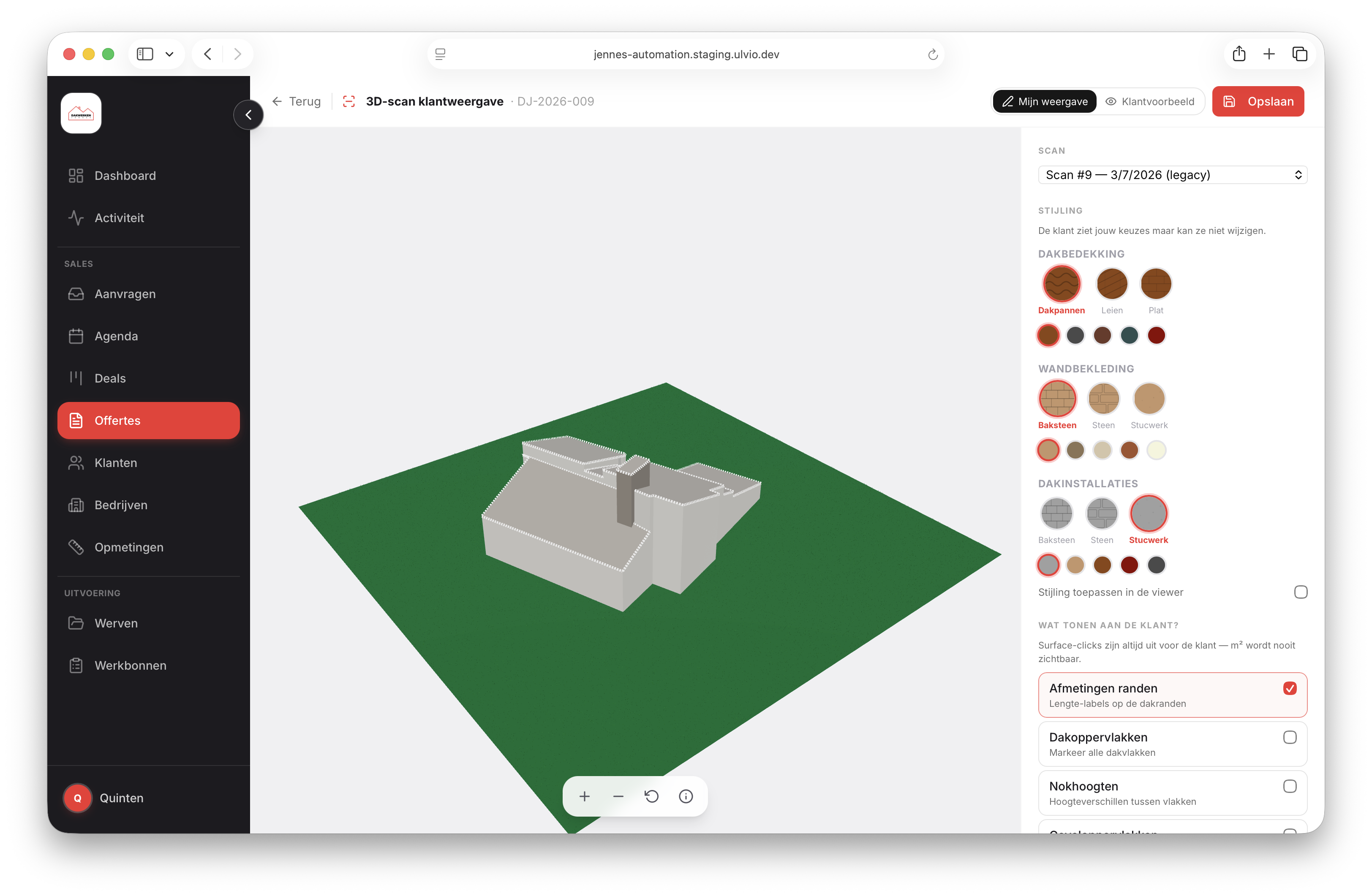 De 3D-dakscan met stijling in de klantweergave.