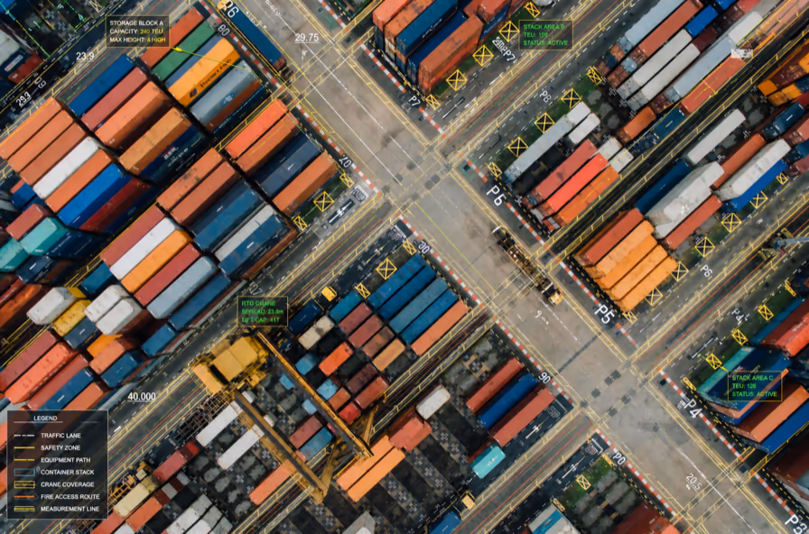Luchtbeeld van een containerterminal met stapels containers en een portaalkraan, met een technische overlay van meetlijnen, zones en labels over het beeld.