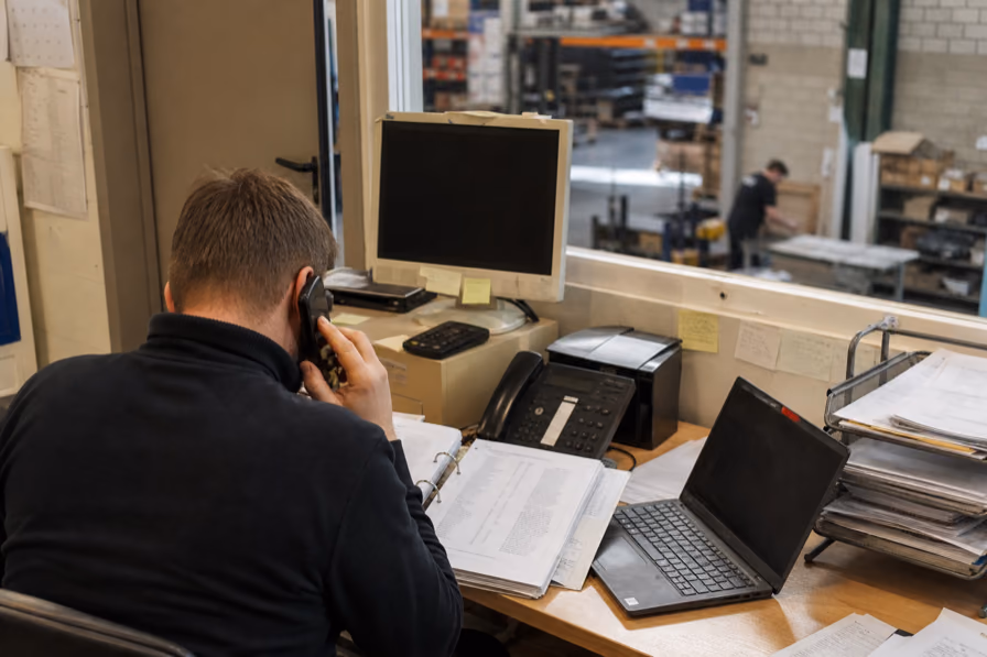 Medewerker in een werkplaatskantoor telefoneert boven een open ringmap, met een oude monitor, een vaste telefoon, een laptop en stapels papier op het bureau.